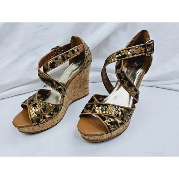 INC Size 9M Women Leopard Sequin "Dianara" Cork Wedge Cross Strap Peep Toe Heels - Picture 9 of 14